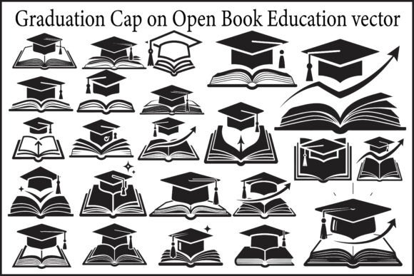 Graduation Cap on Open Book Education Graphics & Illustrations