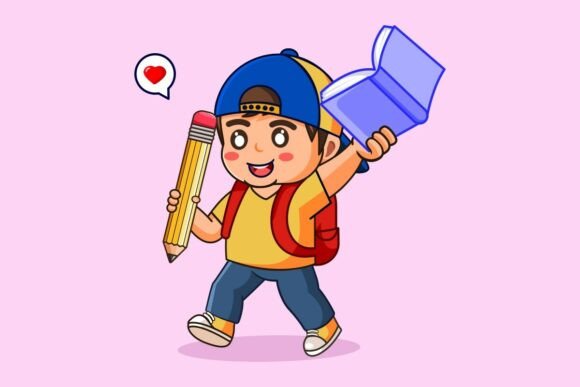 Happy School Boy Holding Pencil and Book Review