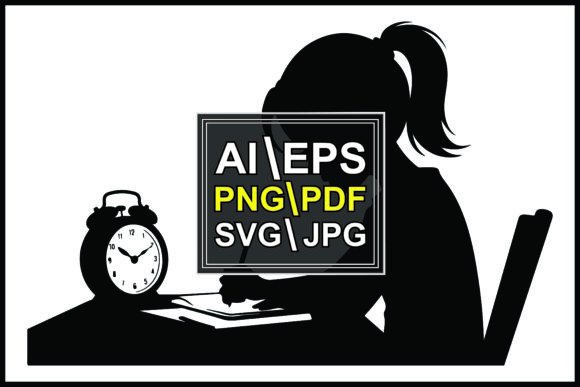Silhouette Girl Studying at Desk Clock C Graphics
