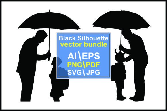 Silhouettes Adults Child Umbrellas Graphics & Illustrations