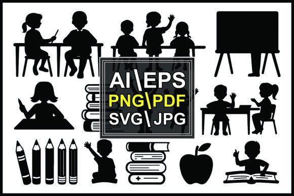 Silhouettes Children Reading Books Apple Graphics