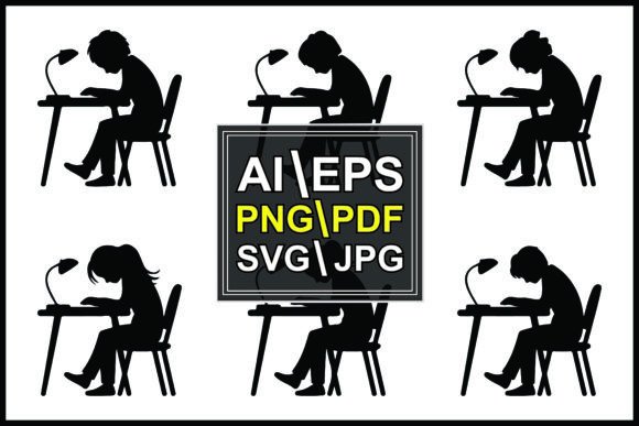 Silhouettes Children Studying Desks Lamp – Clean Graphics for Educational Content