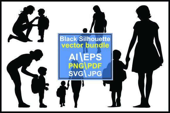 Silhouettes of Adults & Children Walking Graphics for Illustrations & Merchandise