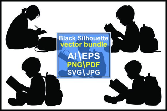 Silhouettes of Children Reading Writing Graphics