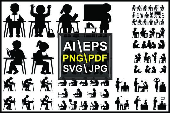 Silhouettes of Children Studying Reading Graphics
